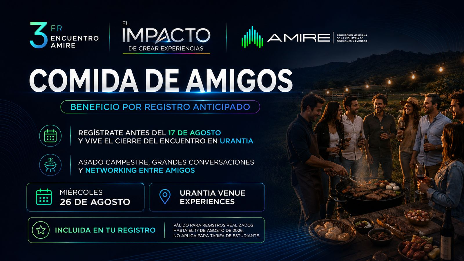 Comida de Amigos, cierre del 3er Encuentro AMIRE, 26 de agosto en Urantia Venue Experiences